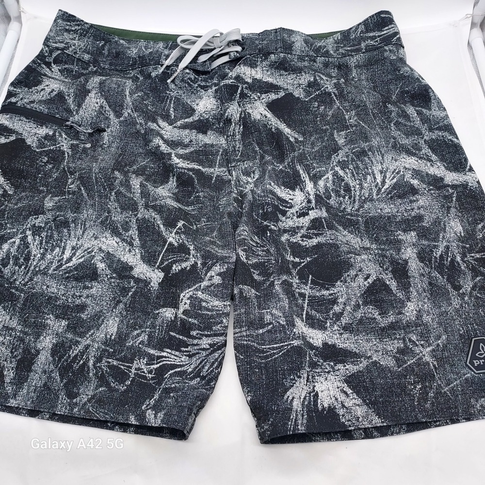 Prana Mens Board Shorts Size 34 Black White Abstract Print UPF 50+ Swim Trunks